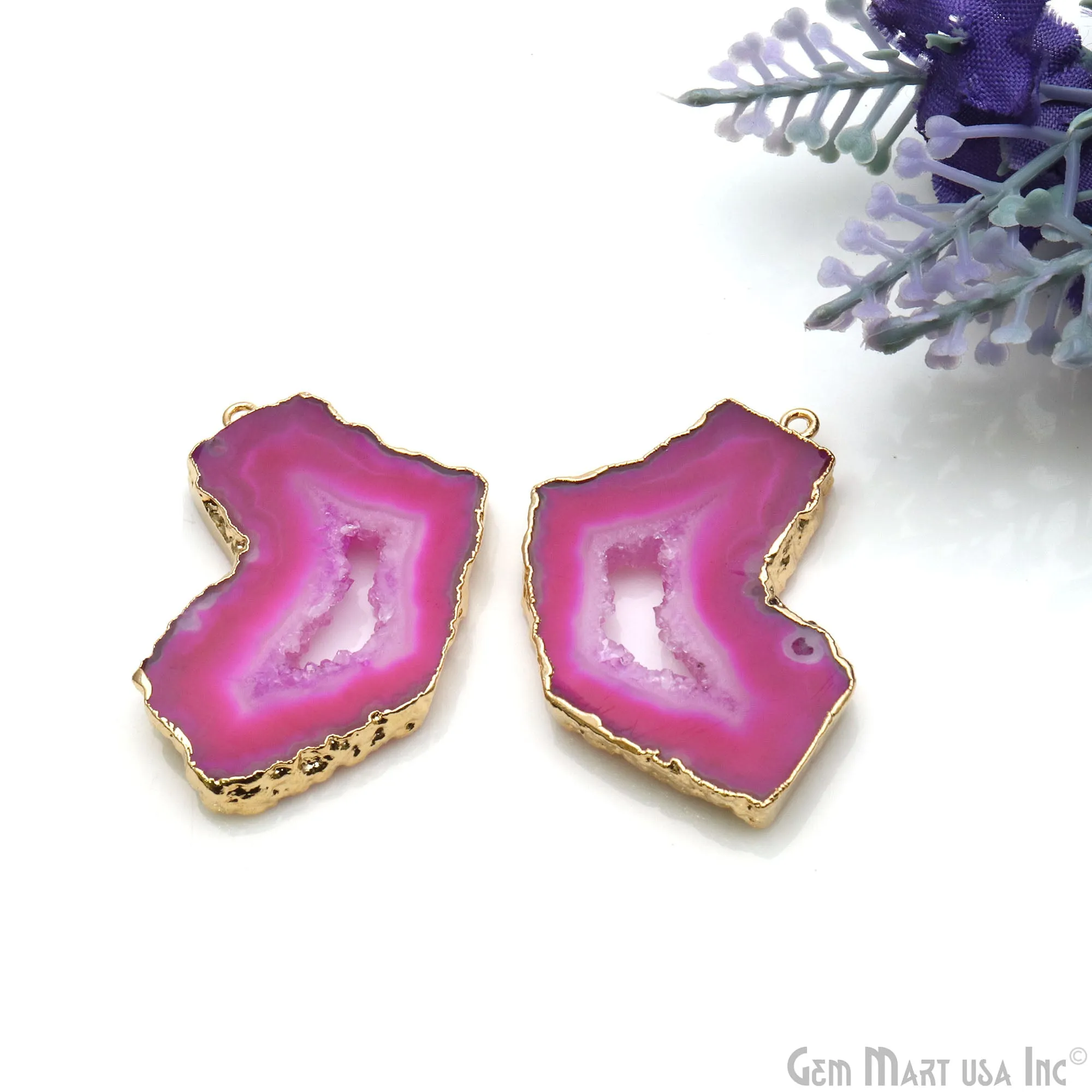 Agate Slice 24x37mm Organic  Gold Electroplated Gemstone Earring Connector 1 Pair