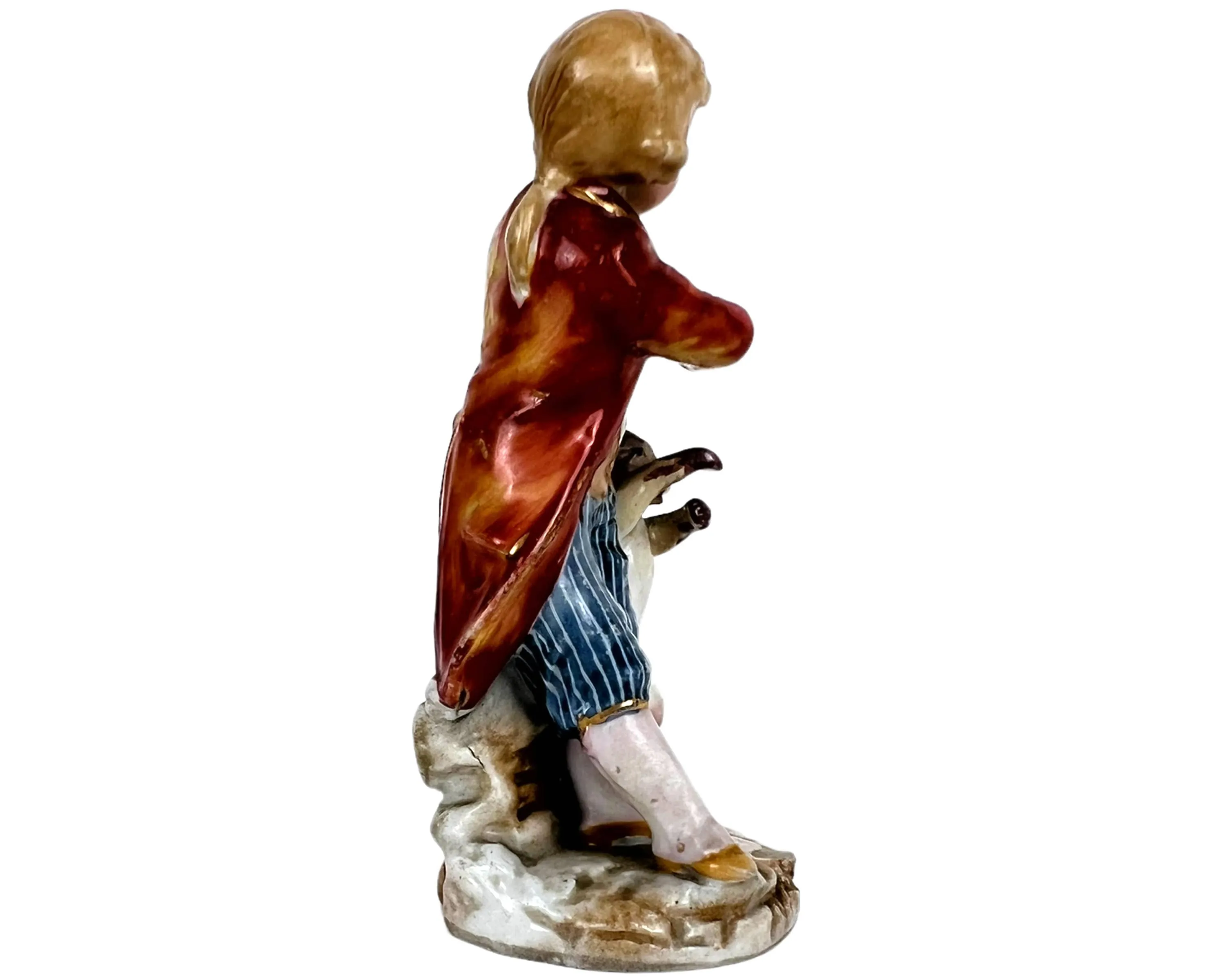 Antique 19th c Sitzendorf Porcelain Miniature Figurine of Boy with Dog Gebruder Voigt