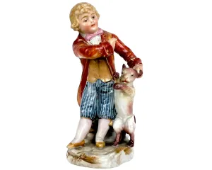 Antique 19th c Sitzendorf Porcelain Miniature Figurine of Boy with Dog Gebruder Voigt