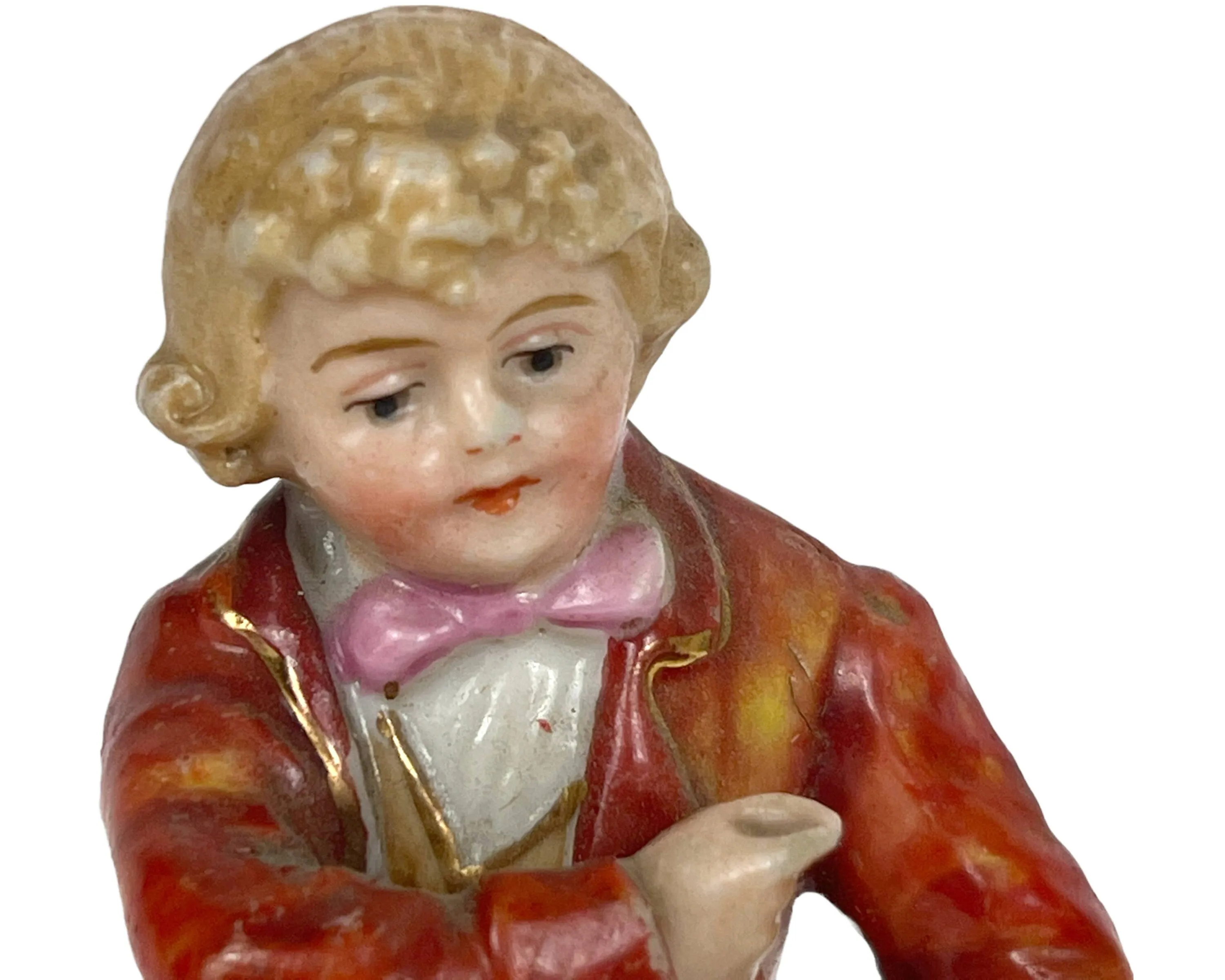 Antique 19th c Sitzendorf Porcelain Miniature Figurine of Boy with Dog Gebruder Voigt