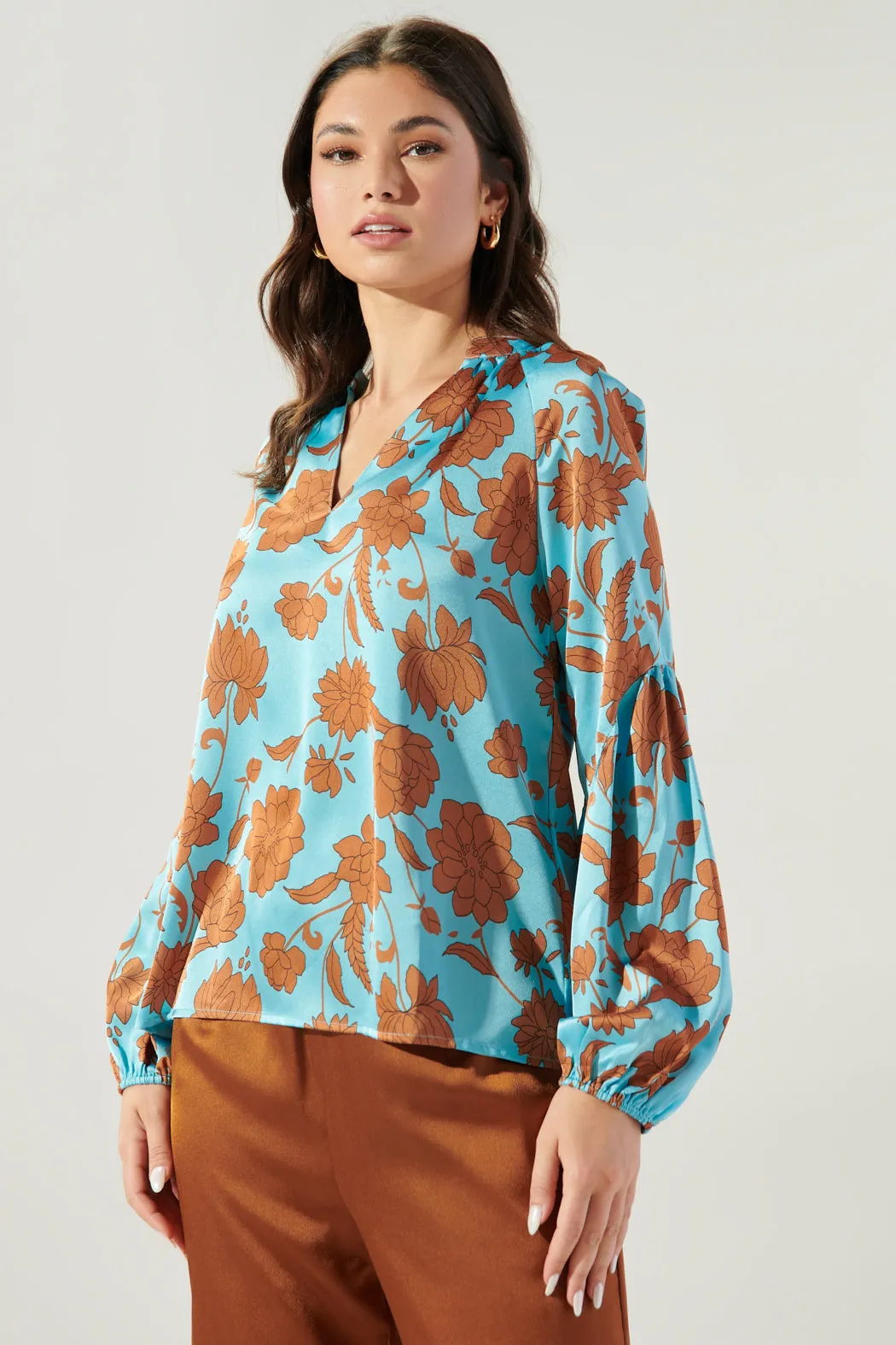 Belmont Floral Johanna Satin Split Neck Raglan Blouse