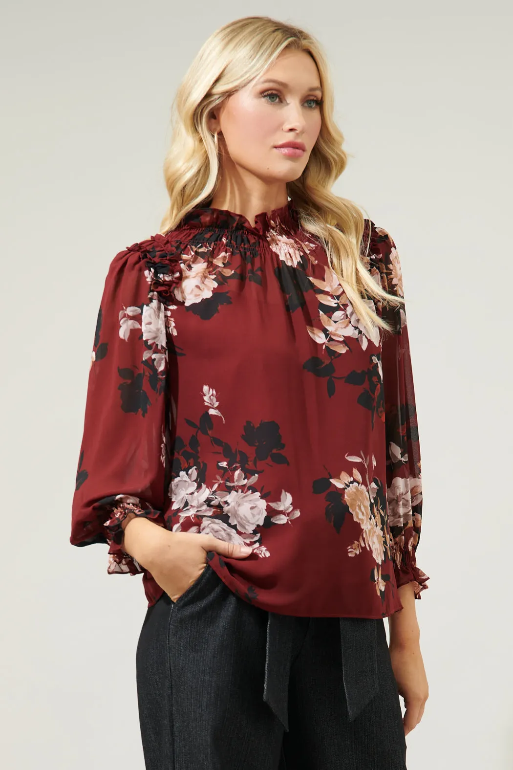 Bordeaux Floral Robin Ruffle Blouse