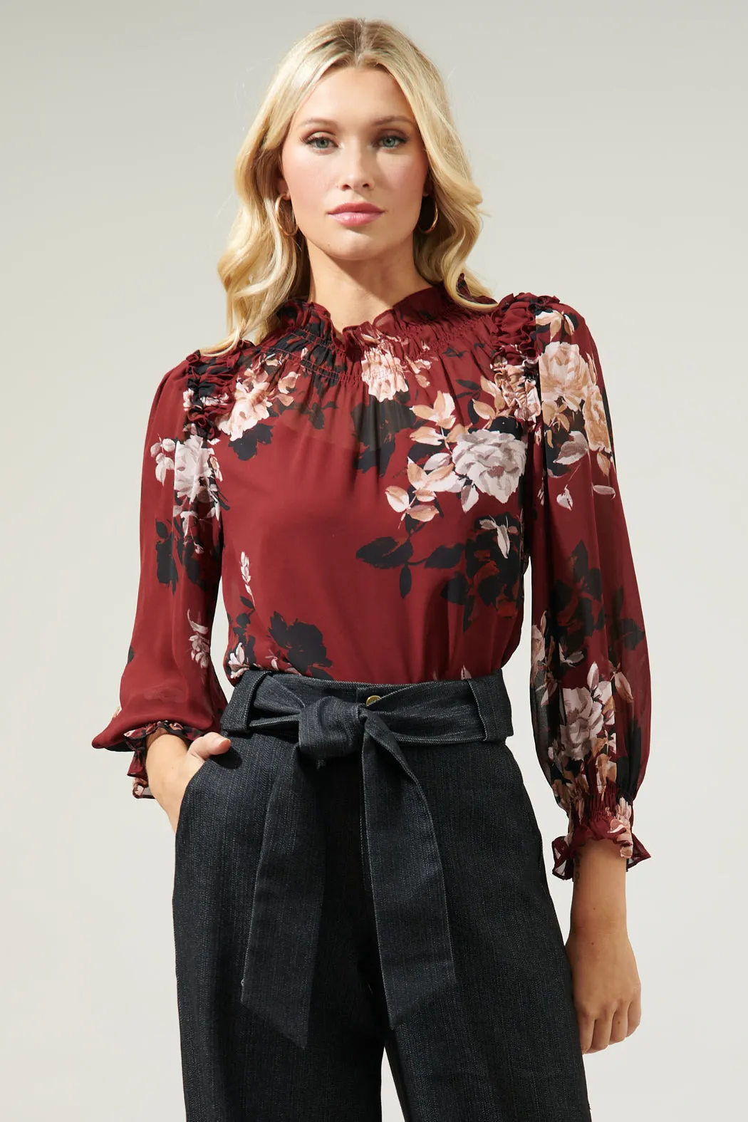 Bordeaux Floral Robin Ruffle Blouse