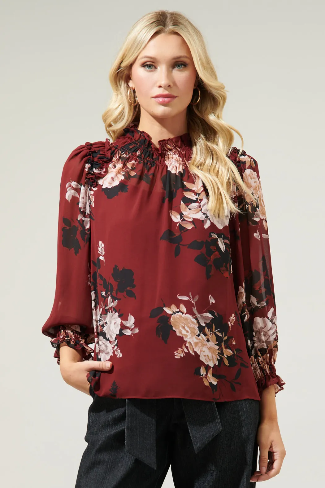 Bordeaux Floral Robin Ruffle Blouse