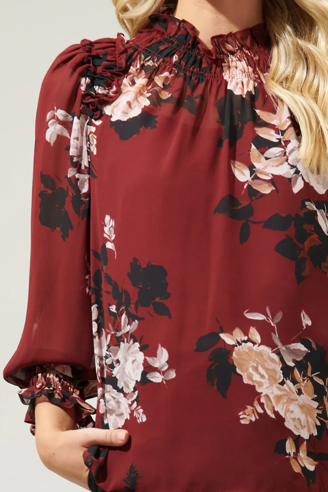 Bordeaux Floral Robin Ruffle Blouse