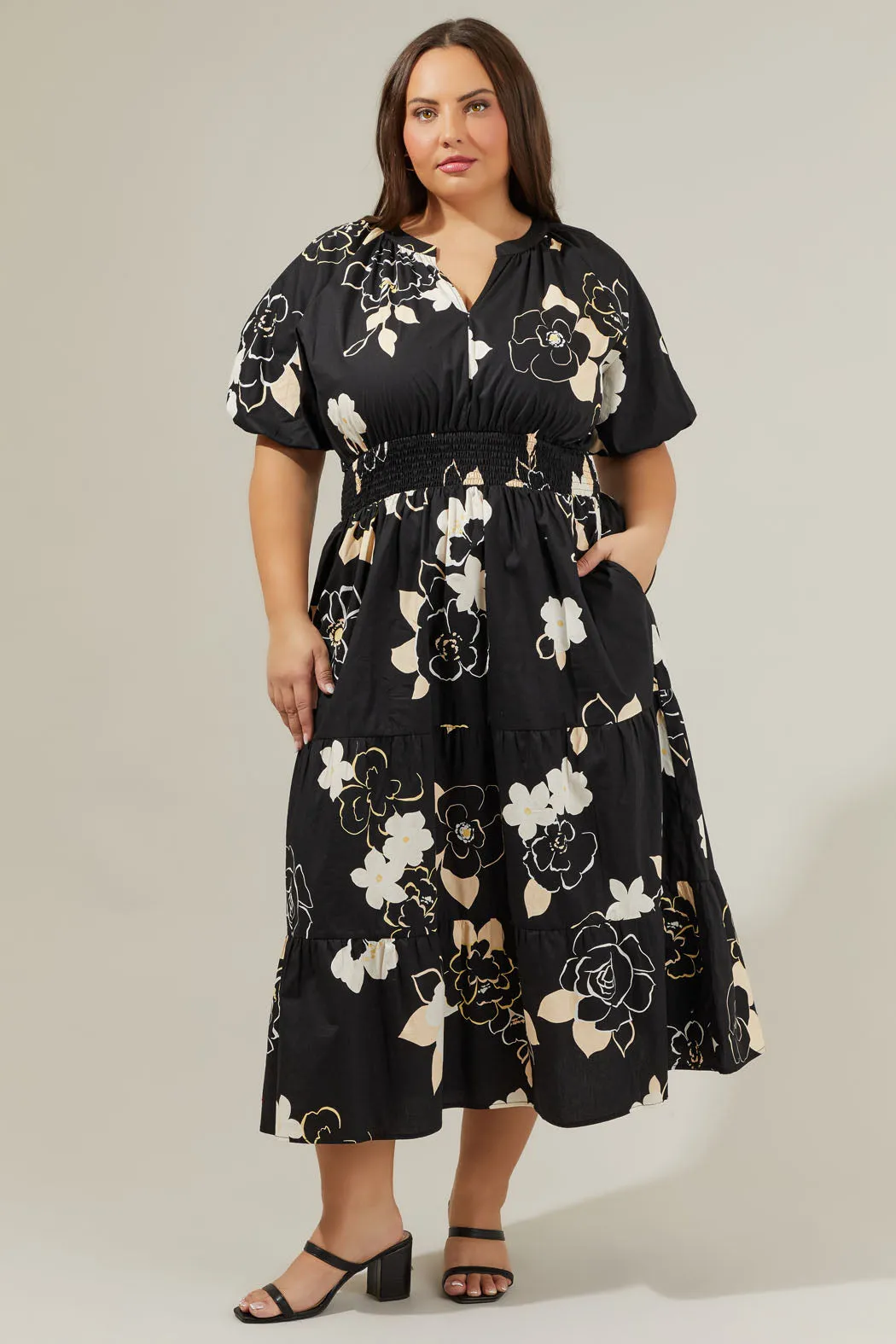 Cairan Rose Hacienda Puff Sleeve Midi Dress Curve