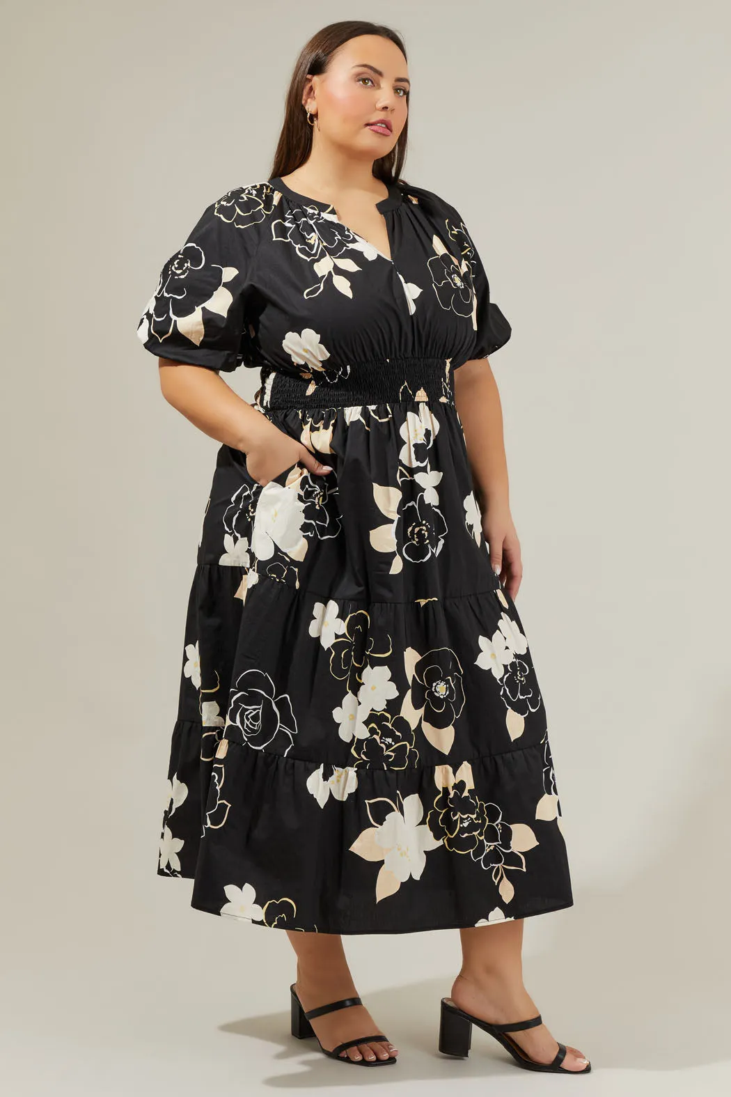 Cairan Rose Hacienda Puff Sleeve Midi Dress Curve