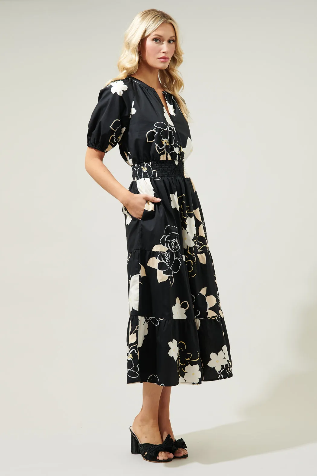 Cairan Rose Hacienda Puff Sleeve Midi Dress