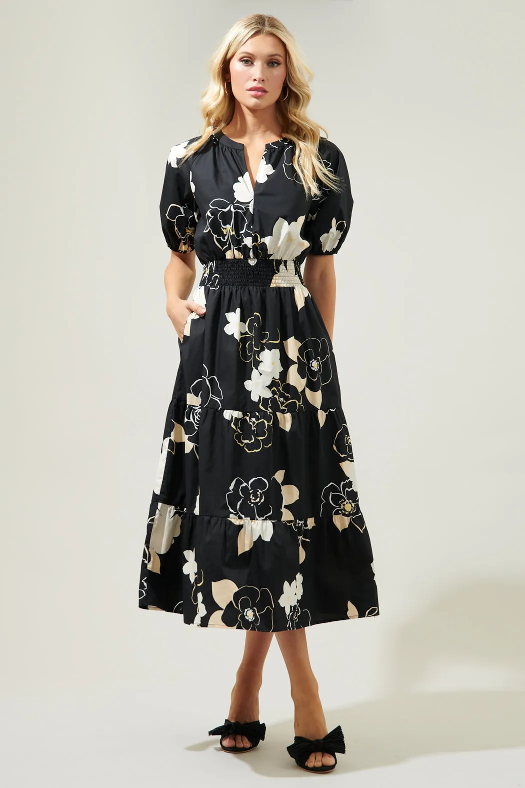 Cairan Rose Hacienda Puff Sleeve Midi Dress