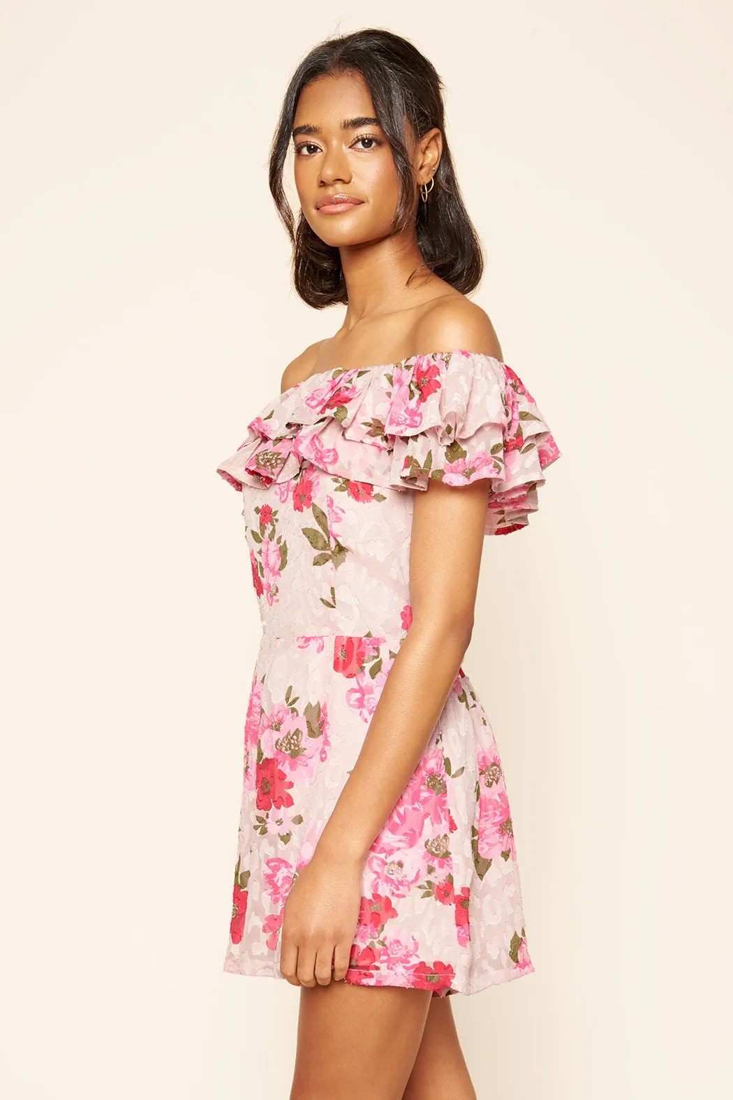 Celia Floral Off the Shoulder Ruffled Romper