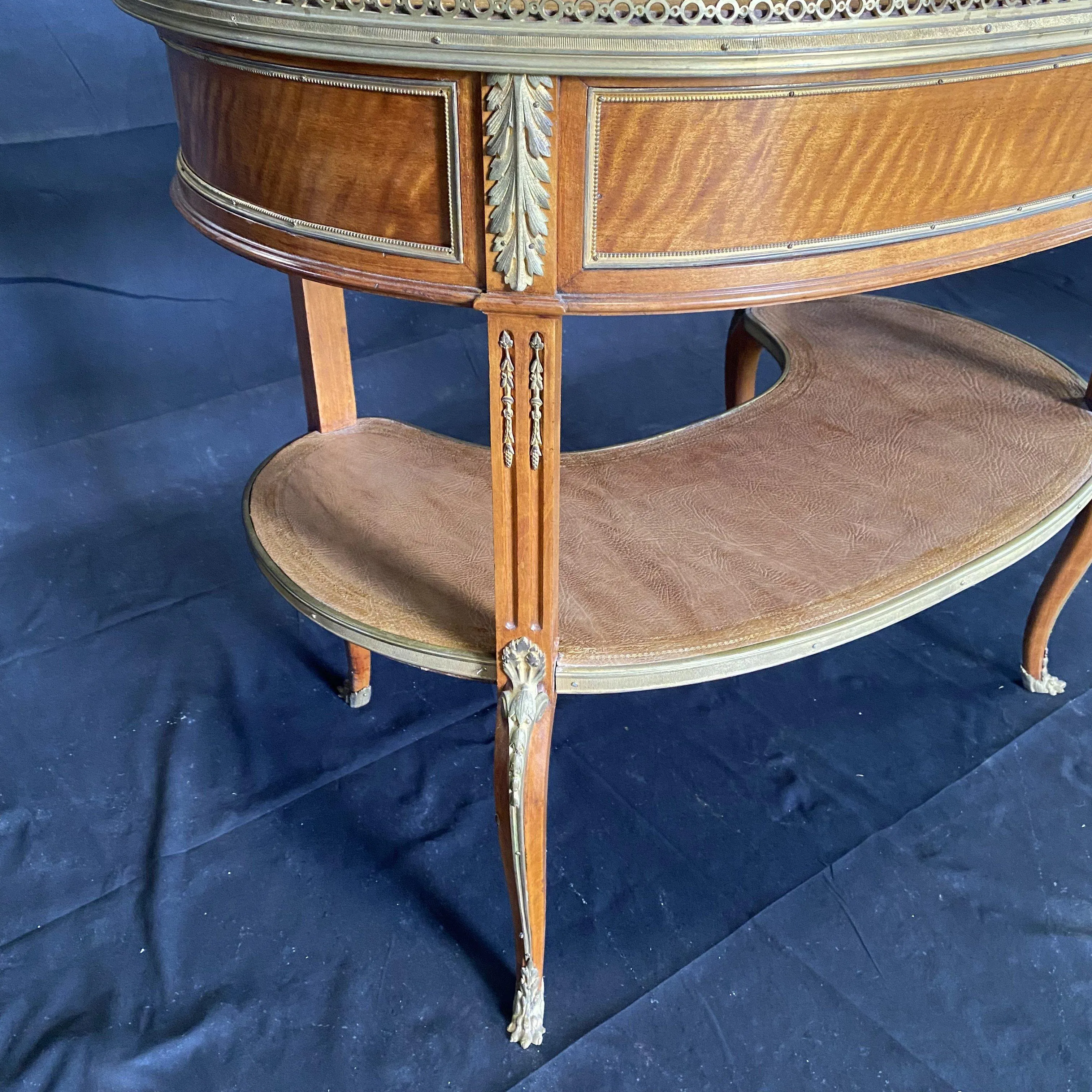 French Burled Walnut 19th Century Louis XV Kidney Shaped Desk with Bronze Fretwork and Original Tooled Leather Tops