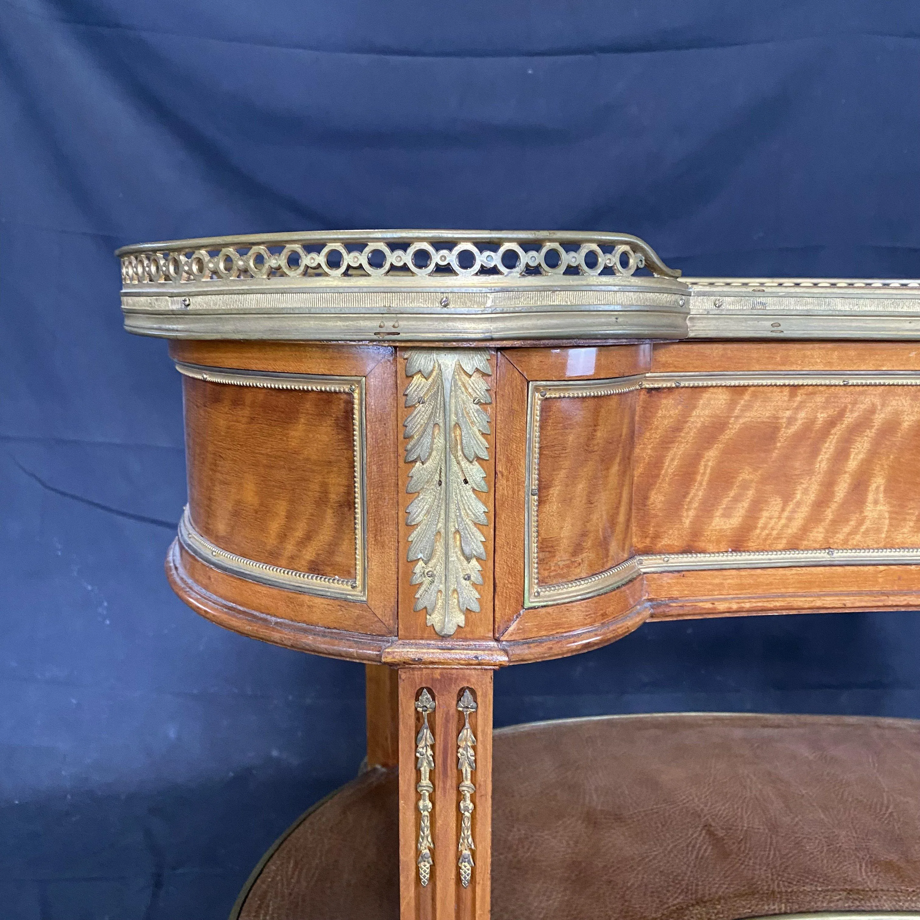 French Burled Walnut 19th Century Louis XV Kidney Shaped Desk with Bronze Fretwork and Original Tooled Leather Tops