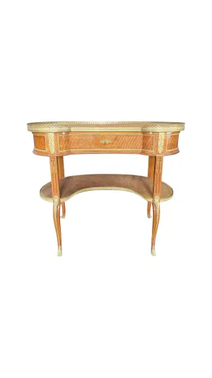 French Burled Walnut 19th Century Louis XV Kidney Shaped Desk with Bronze Fretwork and Original Tooled Leather Tops