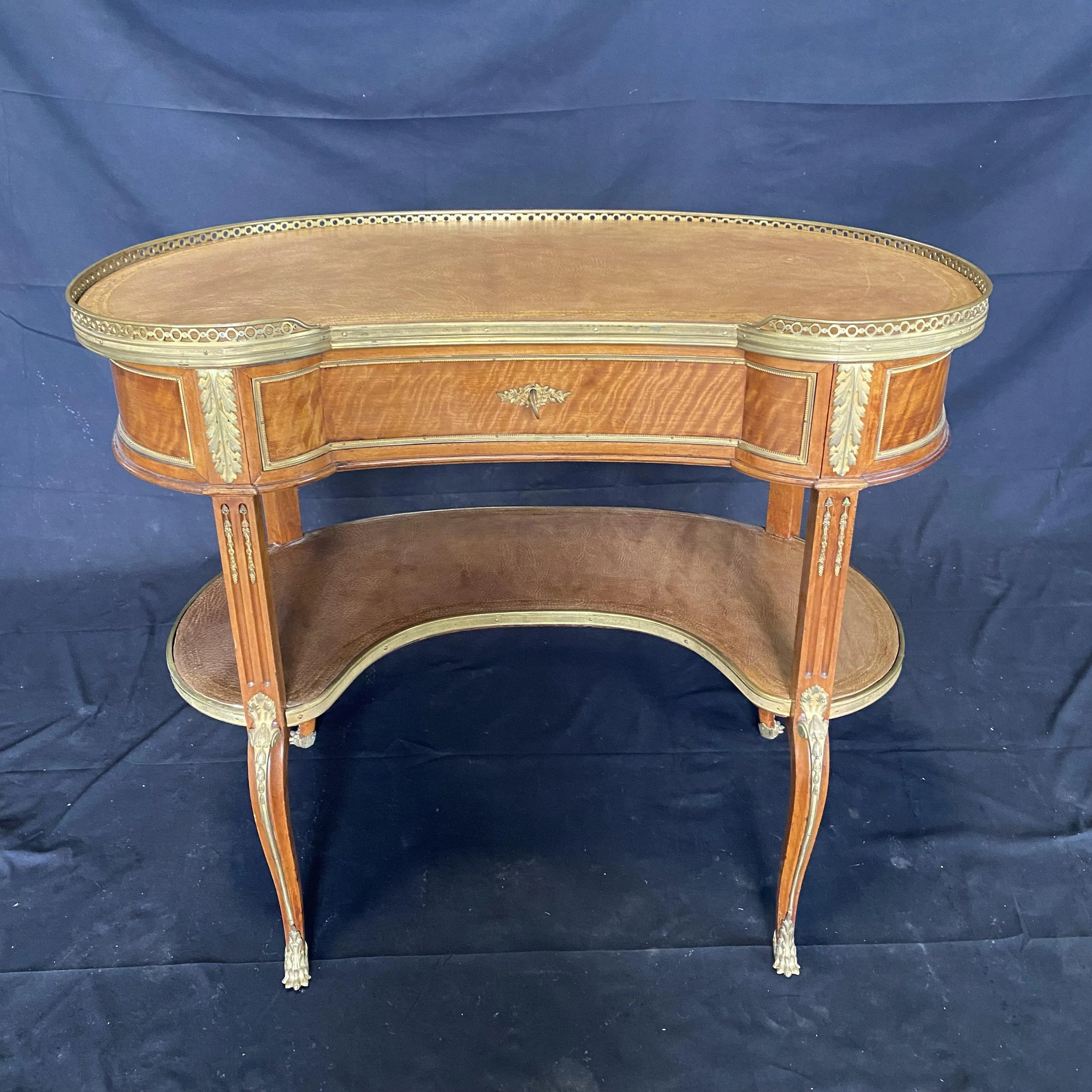 French Burled Walnut 19th Century Louis XV Kidney Shaped Desk with Bronze Fretwork and Original Tooled Leather Tops