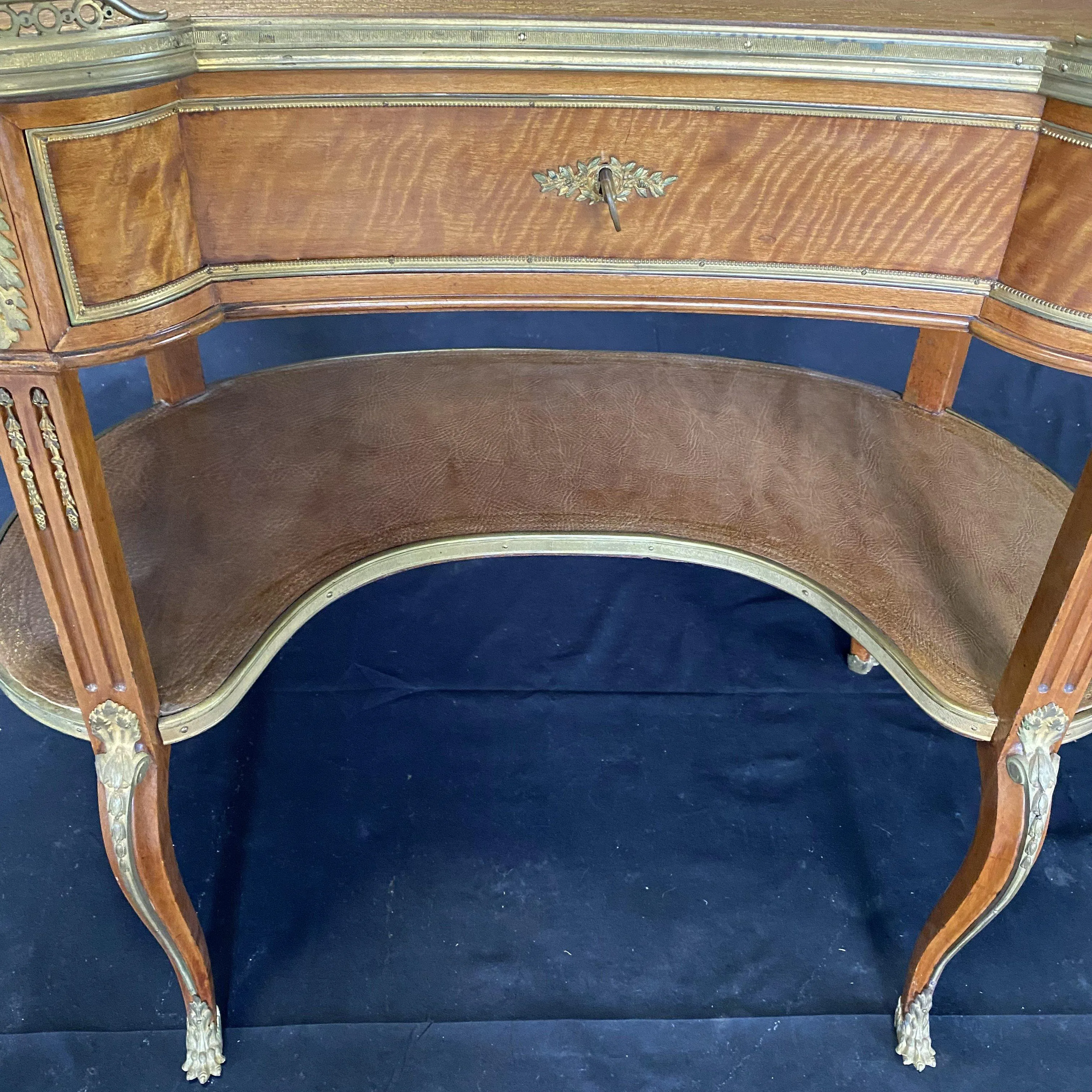 French Burled Walnut 19th Century Louis XV Kidney Shaped Desk with Bronze Fretwork and Original Tooled Leather Tops