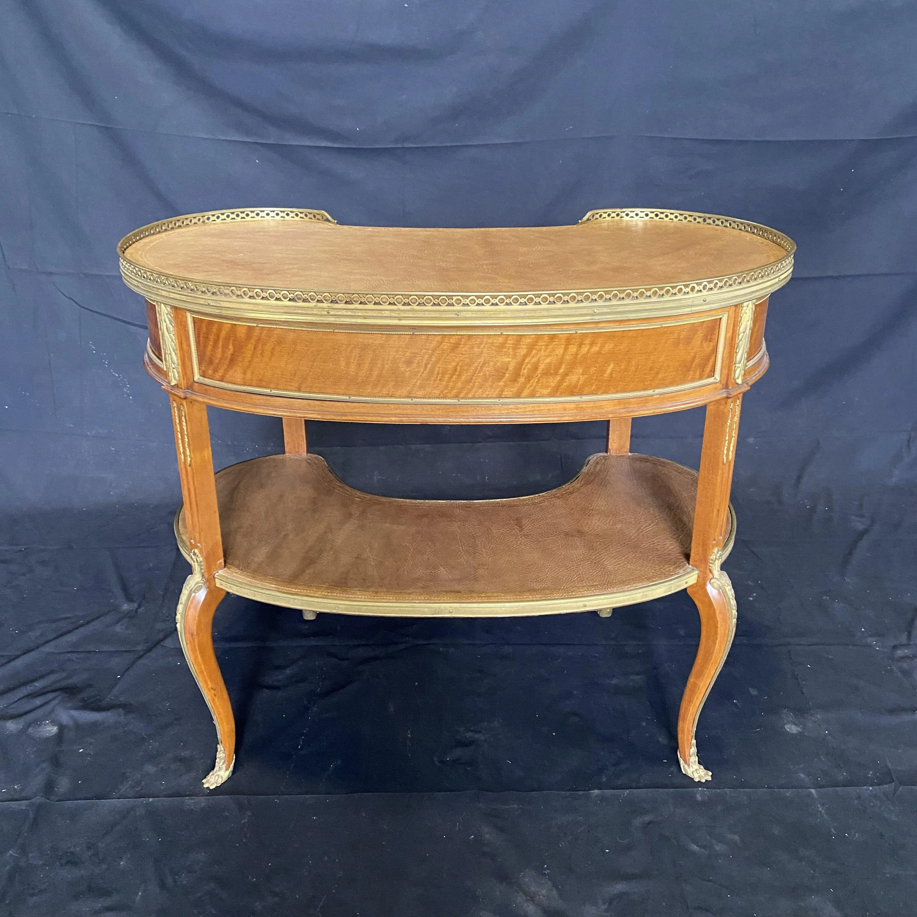 French Burled Walnut 19th Century Louis XV Kidney Shaped Desk with Bronze Fretwork and Original Tooled Leather Tops