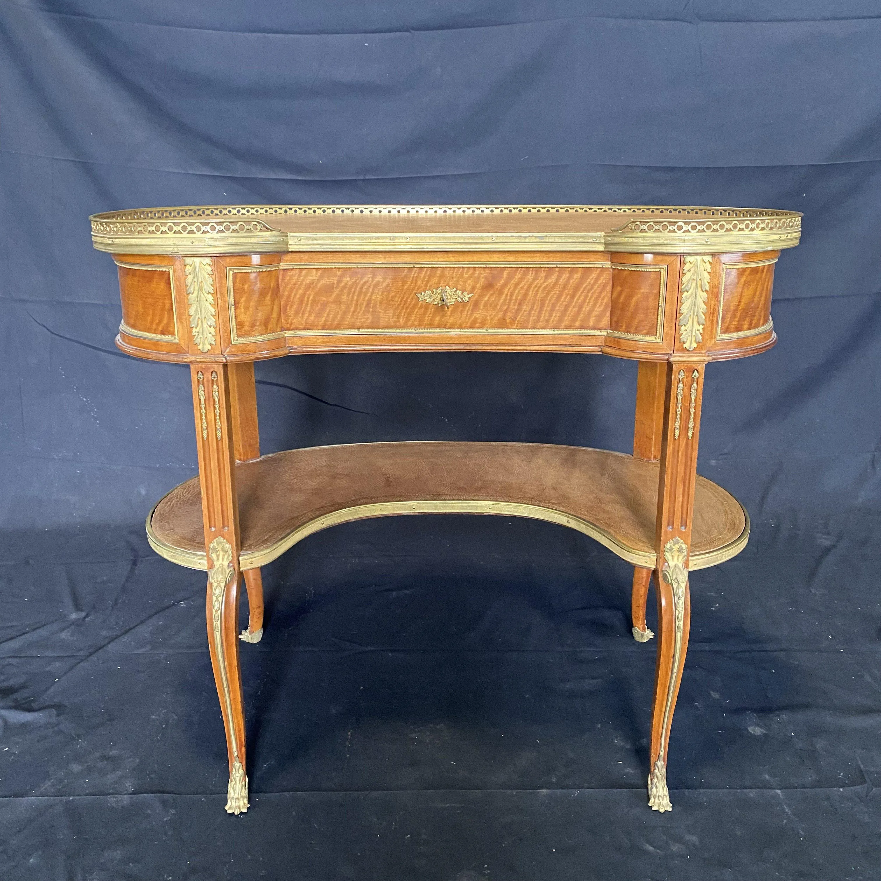 French Burled Walnut 19th Century Louis XV Kidney Shaped Desk with Bronze Fretwork and Original Tooled Leather Tops