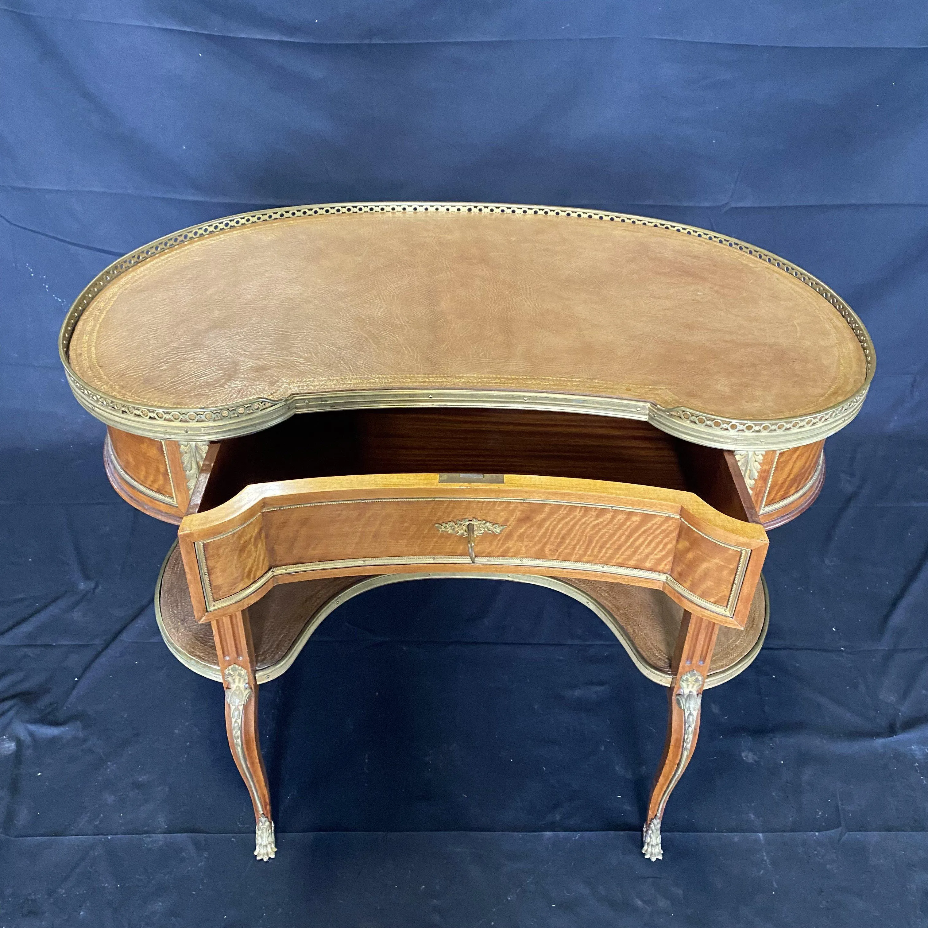 French Burled Walnut 19th Century Louis XV Kidney Shaped Desk with Bronze Fretwork and Original Tooled Leather Tops