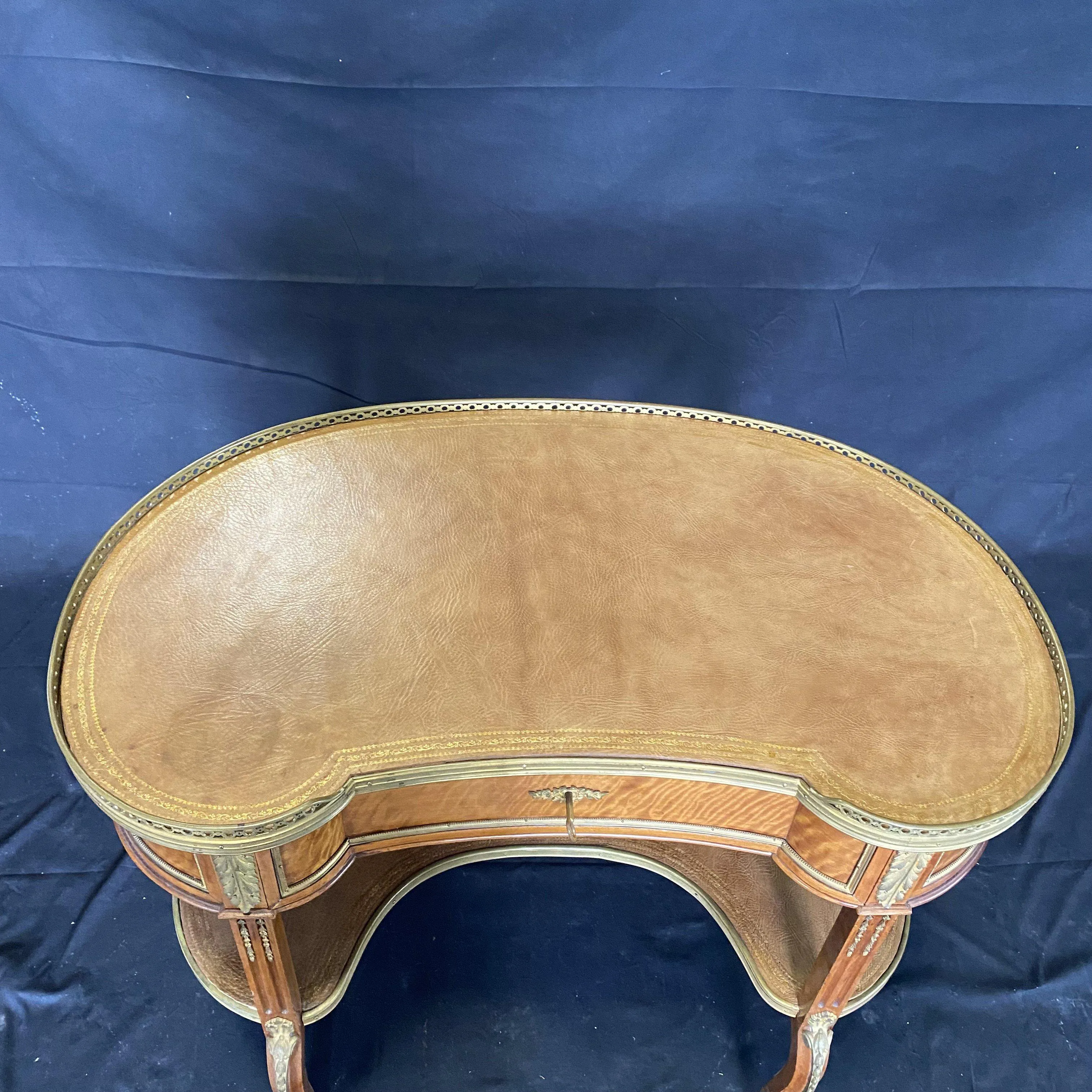 French Burled Walnut 19th Century Louis XV Kidney Shaped Desk with Bronze Fretwork and Original Tooled Leather Tops