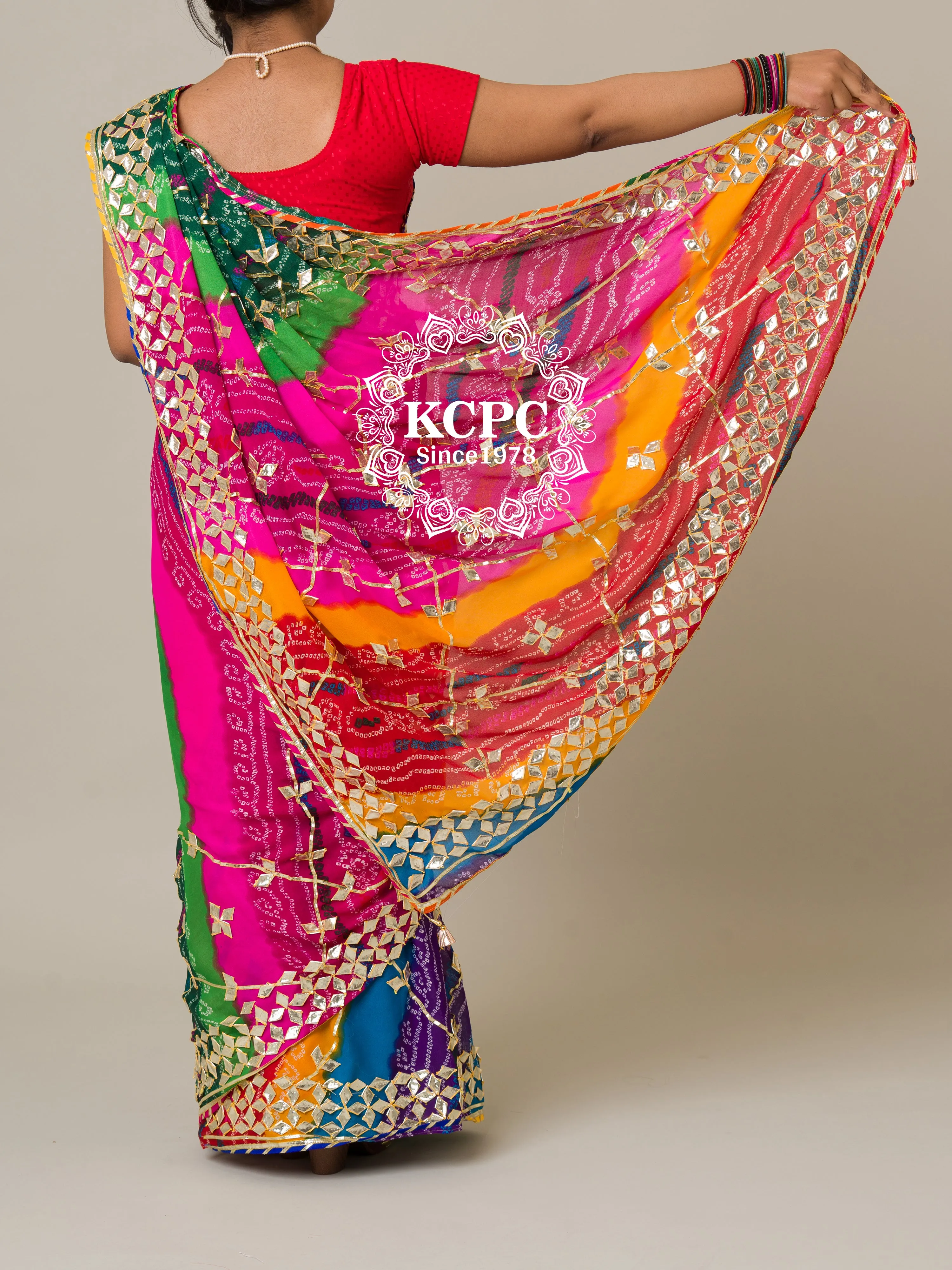 KCPC Special Pure Georgette Pachranga Bandhej Gotapatti Work Saree mhs