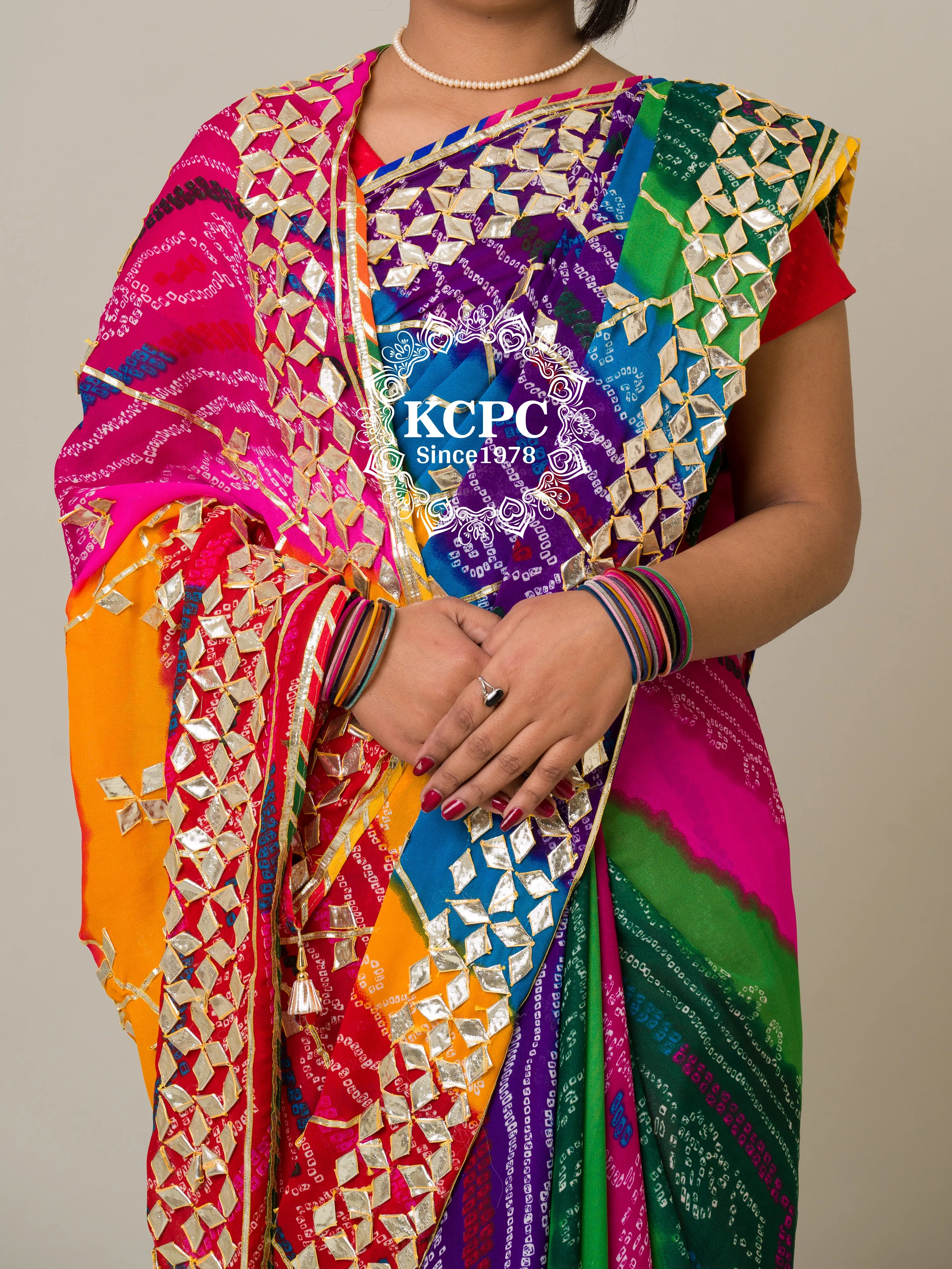 KCPC Special Pure Georgette Pachranga Bandhej Gotapatti Work Saree mhs