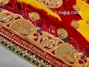 Latest Ethnic Indian Marriage Bridal Chunri Pila Odhna in peacock belbuti work, OR, KC Pomcha (Pure Georgette Fabric)