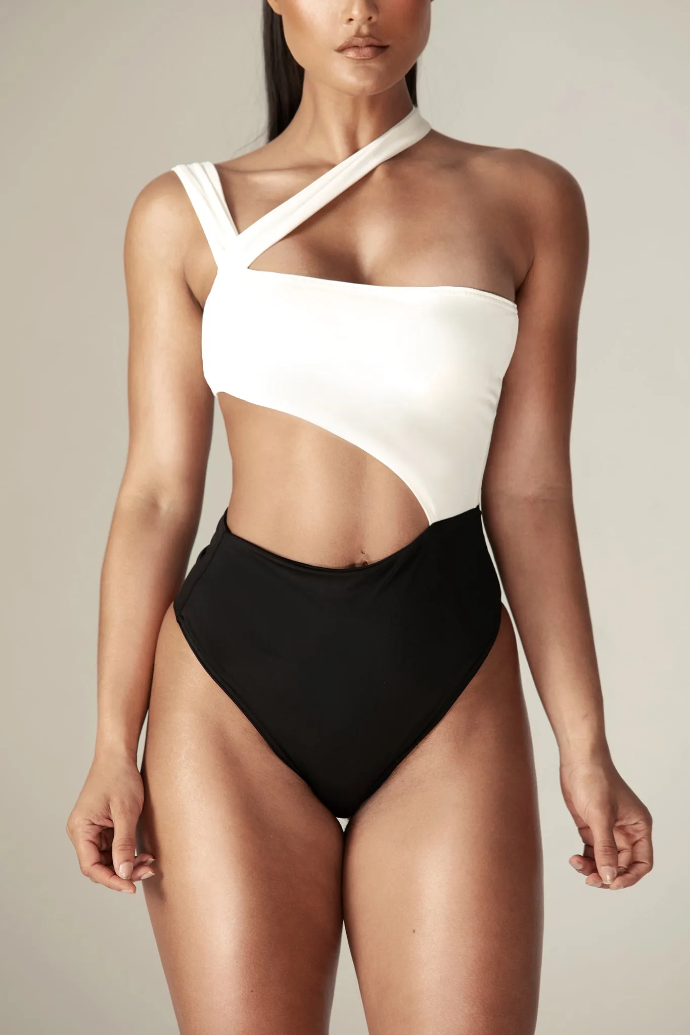 Skylar Prune Asymmetric Cutout Swimsuit (Black/White)